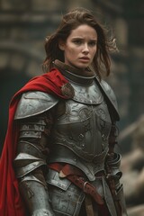 Medieval knight woman in armor looking determined