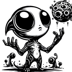 Eine minimalistische schwarz weiße Vektorgrafik eines kleinen Aliens