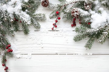 Fototapeta na wymiar Winter Holiday Background with Snowy Fir Branches and Berries