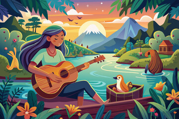 A girl playing a soft melody on her guitar, serenading the wildlife during a river boat ride