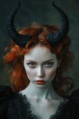 Mystical woman with horns in a dark fantasy setting