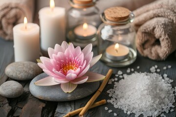 Tranquil Spa Setting with Lotus Flower and Candles