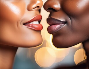 Nahaufnahme der Lippen zweier Frauen unterschiedlicher ethnischer Zugehörigkeit.