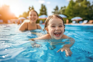Child swimming in a pool playing water sports fun family vacation children mom dad childhood memory experience happy leisure summer activity smiling cheerful sport splashing swim joy action resort