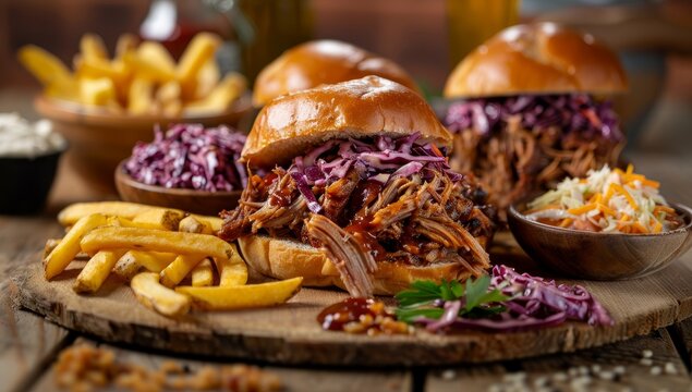 Delicious pulled pork sandwich with coleslaw and fries on a rustic wooden table