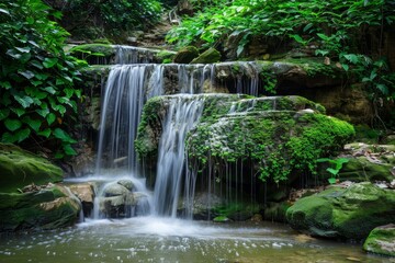 Serene Waterfall in a Lush Green Forest