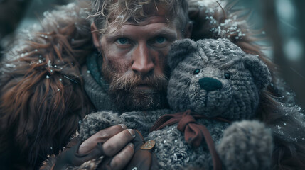 A man with nordic look holding af teddy bear with a sweather on  - Powered by Adobe