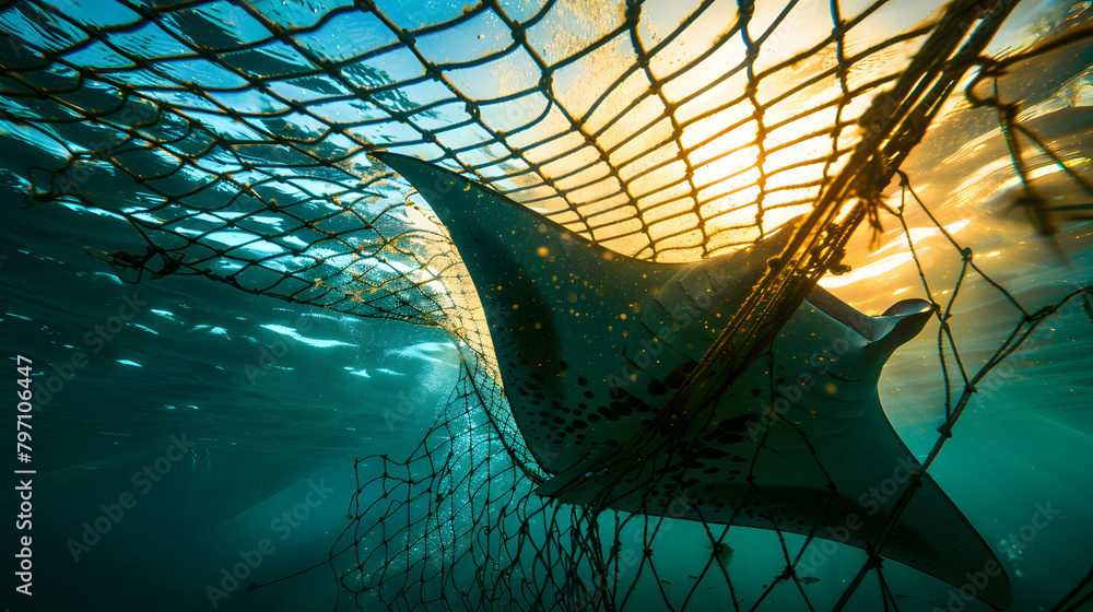 Poster A manta ray caught in a fishing net underwater. open ocean background with the setting sun casting long shadows.