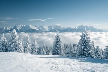 Winter Wonderland: Snow-Covered Trees and Mountain Peaks Above Clouds
