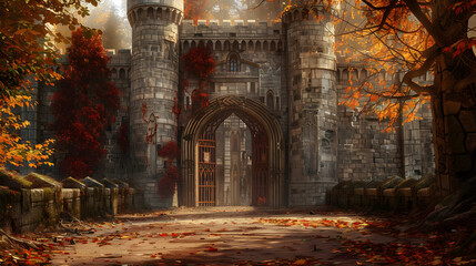 A medieval castle entrance with towering walls and an arched gate. surrounded by autumn leaves on the ground. The scene is set in an ancient European setting - obrazy, fototapety, plakaty