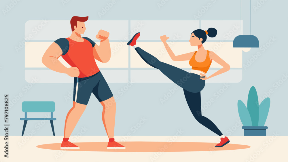Poster a personal trainer guides his client through a series of kickboxing exercises highlighting the benef