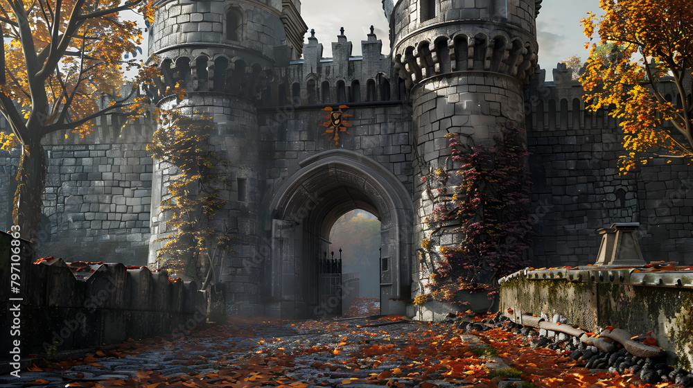 Poster a medieval castle entrance with towering walls and an arched gate. surrounded by autumn leaves on th