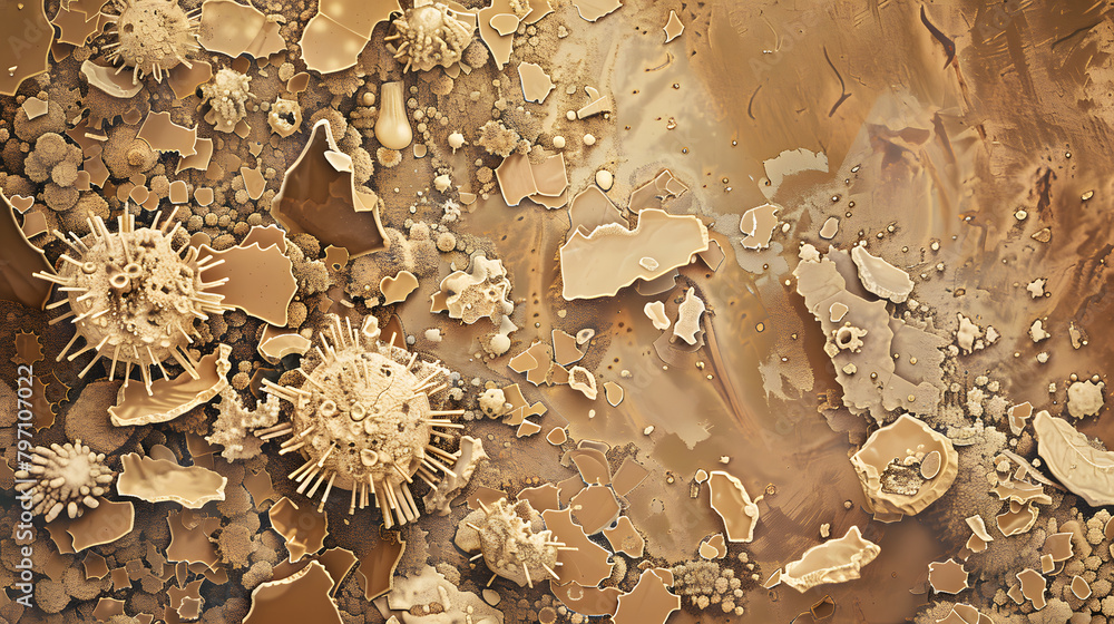 Poster a microscopic view of protozoan cell configurations against a brown backdrop. with a group of cells 