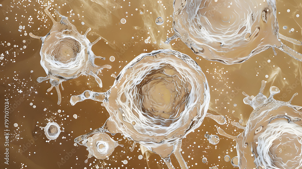 Poster a microscopic view of protozoan cell configurations against a brown backdrop. with a group of cells 