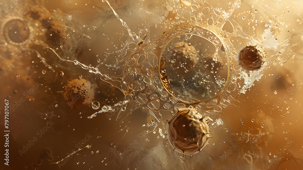 Poster a microscopic view of protozoan cell configurations against a brown backdrop. with a group of cells 
