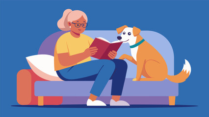 A volunteer and a longterm resident dog cuddled up on a couch the volunteer reading a book out loud to the dog while the dog nuzzles closer content. Vector illustration