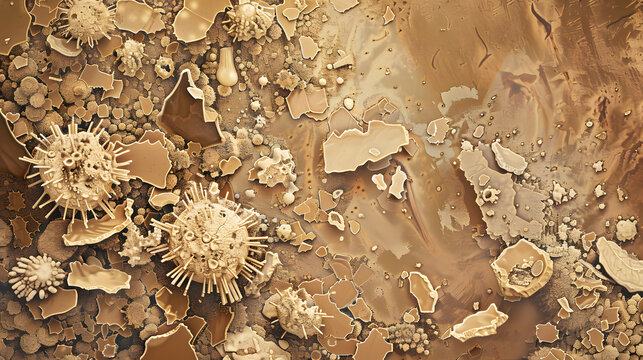 A microscopic view of protozoan cell configurations against a brown backdrop. with a group of cells in the center and small shards encircling them. The color palette is primarily light brown