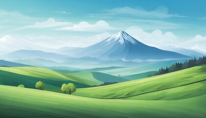 spring green fields landscape with mountain blue sky and clouds background panorama peaceful rural nature in springtime with green grass land cartoon vector illustration for spring and summer banner