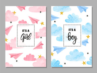 Baby shower card set. Watercolor invitation cards design for baby shower party - girl and boy. Clouds and paper airplanes