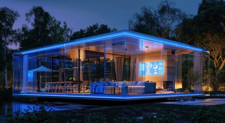 Fototapeta na wymiar 3D render, artificial intelligence, modern house with transparent hologram
