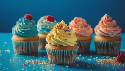 delicious cupcakes with different colors of buttercream frosting and sprinkles on a blue background - obrazy, fototapety, plakaty