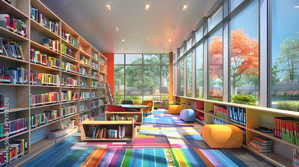 Poster a modern library with bookshelves filled with colorful books. comfortable seating areas for reading 