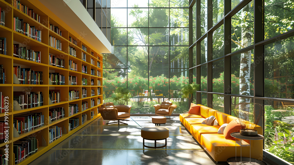 Poster a modern library with bookshelves filled with colorful books. comfortable seating areas for reading 