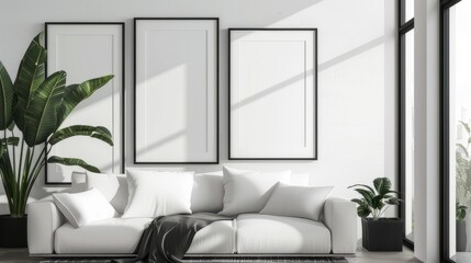 Three empty frames in a minimalist room. Empty frames inside a minimalist room.