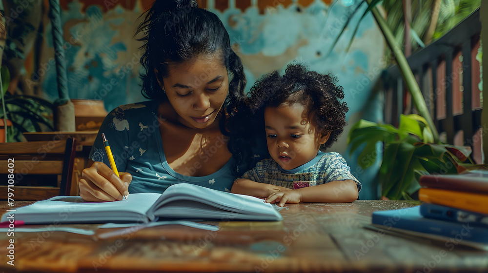 Poster a mother and her child were sitting at the table doing homework together. with books on top of an op