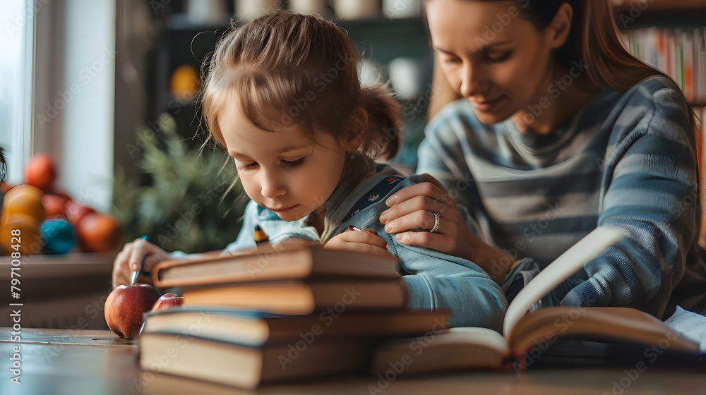 Poster a mother and her child were sitting at the table doing homework together. with books on top of an op
