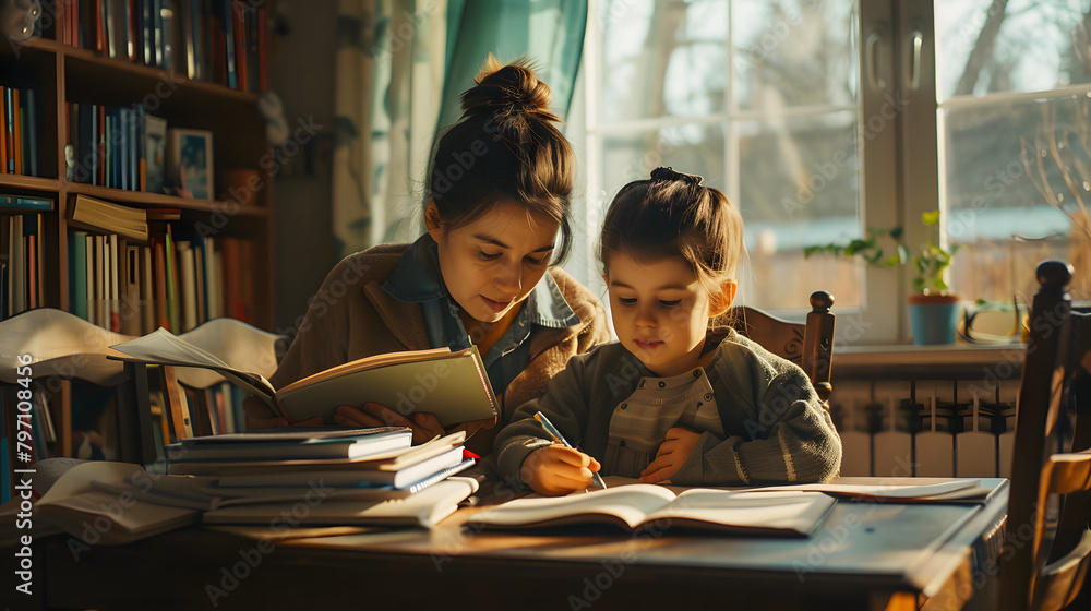 Poster a mother and her child were sitting at the table doing homework together. with books on top of an op