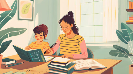 A mother and her child were sitting at the table doing homework together. with books on top of an open notebook in front of them 