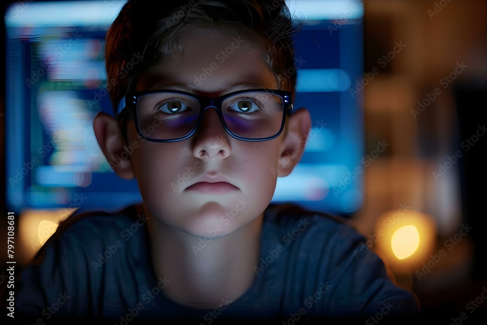 Poster a concentrated young boy wearing glasses coding on a computer in a dimly lit room. concept coding, y
