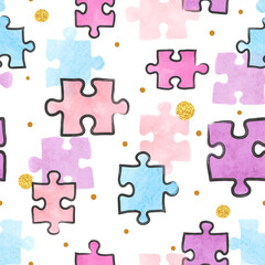 Puzzle seamless pattern. Vector colorful watercolor illustration with puzzle pieces