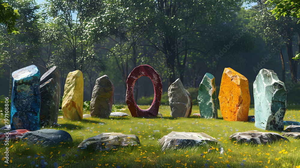 Poster a multihued stone circle. symbolizing the unending potential of unity and harmony for peace month.
