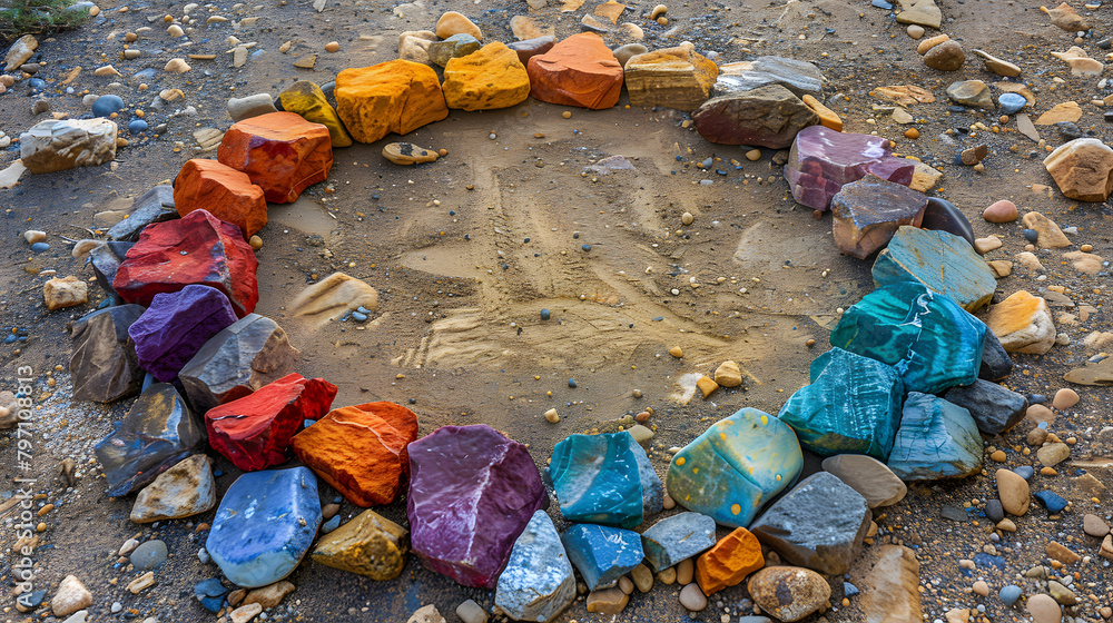 Poster a multihued stone circle. symbolizing the unending potential of unity and harmony for peace month.