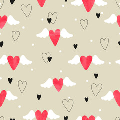 Cute hearts with wings seamless pattern. Valentines day background