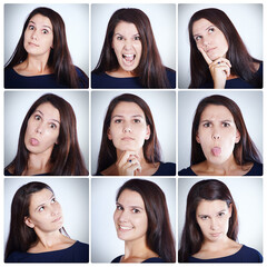 Collage, face and woman with emotions in studio on white background for fun, personality and funny....