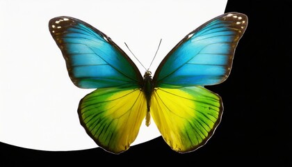 very beautiful blue yellow green butterfly in flight isolated on a transparent background
