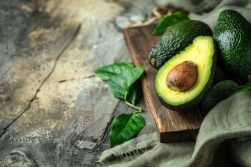 Avocados displayed on a wooden cutting board, part of a natural foods spread