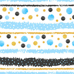 Seamless striped pattern in blue, black and golden colors. Vector background