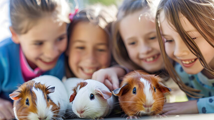 A pack of elated school children studying and handling lime baby guinea pigs in a school pet house setting. It is a close-up picture on a sunny day.  - obrazy, fototapety, plakaty