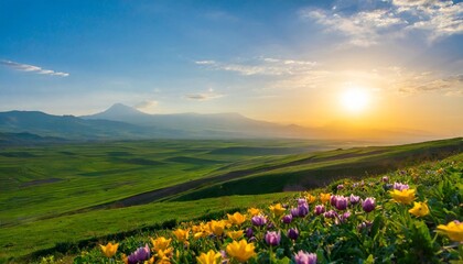 view of a countryside landscape at sunset in spring with flowers blooming in aragatsotn province of armenia