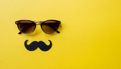 top view of a nose and mustache glasses isolated on yellow background with copyspace