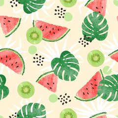 Seamless tropical pattern with kiwi fruit and watermelon slices. Summer background