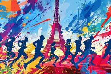 Colorful Illustration of Marathon Runners in Paris. Generative AI.