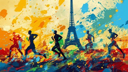 Illustration of Dynamic Runners Bursting Through Paris. Generative AI.