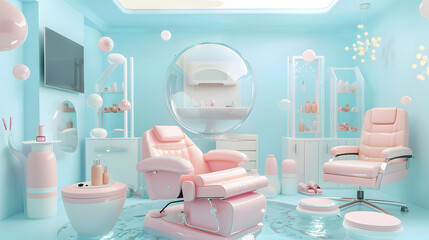 A pedicure chair in pink against a blue environment. a bubble of water around the station