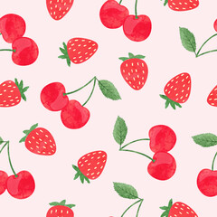 Strawberry and cherry pattern. Seamless summer background with watercolor red berries