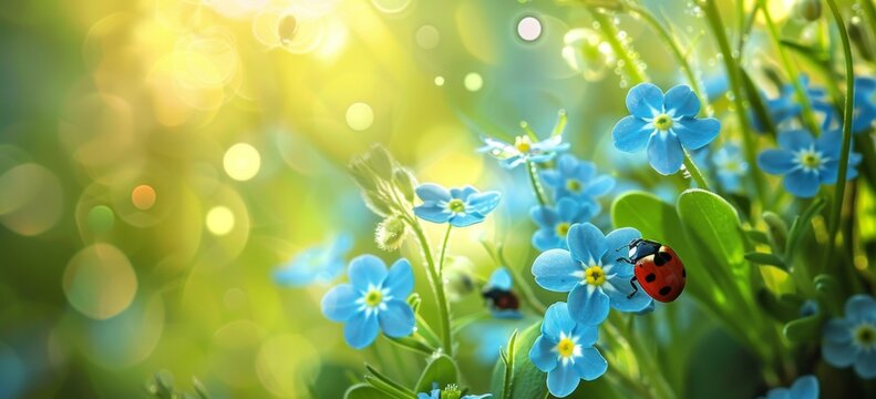 Abstract spring background with blue forgetmenot flowers and ladybugs on blurred green grass, sunshine bokeh Generative AI